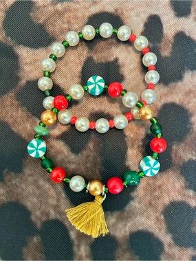 Handmade Holiday Pearl Beaded Bracelet Stack with Green Tassel